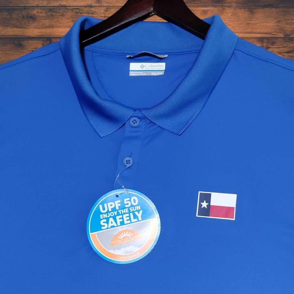 Columbia PFG‎ Men's Terminal Tackle Texas Flag Polo Shirt Size XXL 2XL Blue NWT
